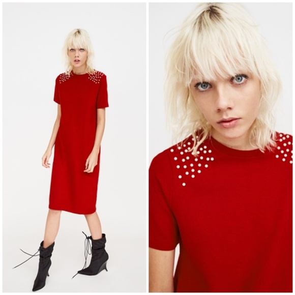 Zara Dresses & Skirts - ZARA Womens Red Dress Pear bead Embellished Should